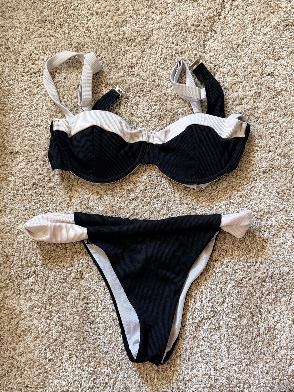 SHEIN Black and Cream Ribbed Bikini Set